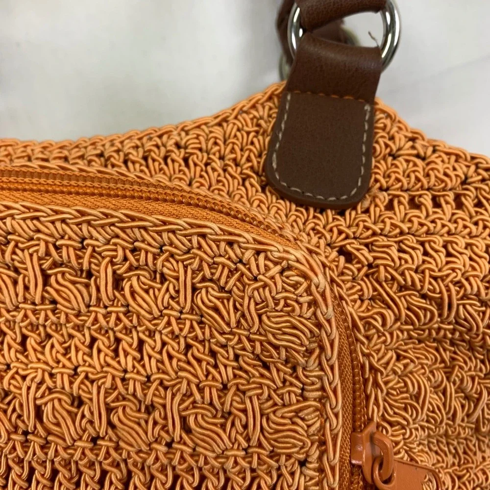 Rosetti Orange Woven Satchel Bag Purse Brown Faux Leather‎ Handle Small